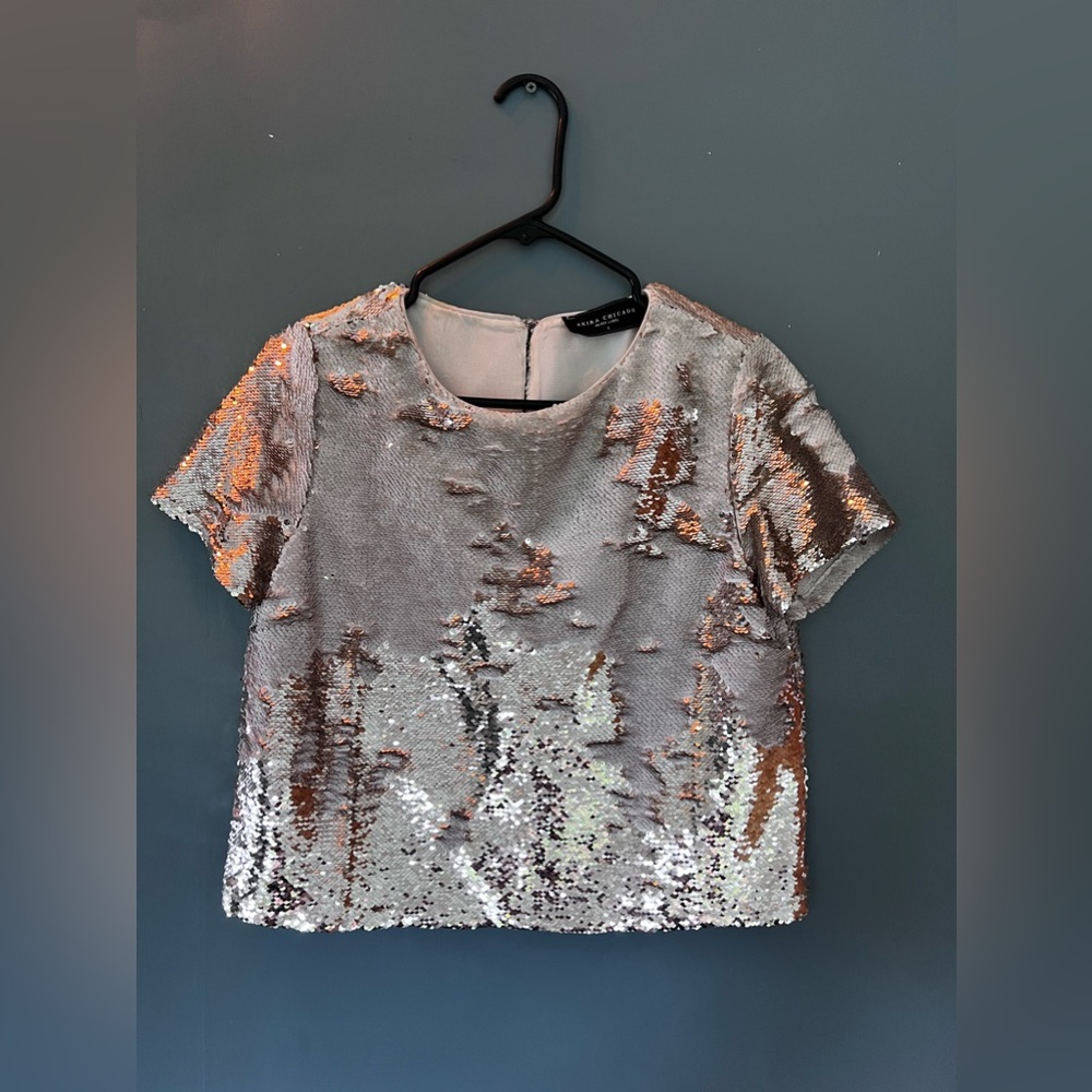 Akira Chicago•Sequin•sheerlined•Crop top•gold and white•small 🌟